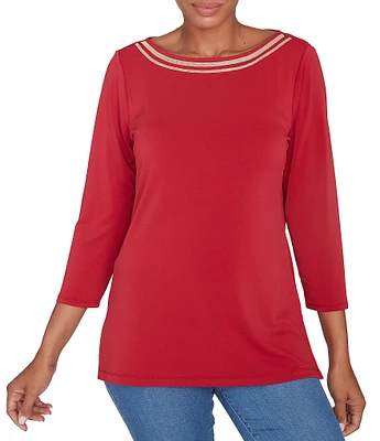 Ruby Rd. Solid Embellished Boat Neck 3/4 Sleeve Knit Top