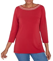 Ruby Rd. Solid Embellished Boat Neck 3/4 Sleeve Knit Top