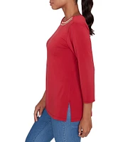 Ruby Rd. Solid Embellished Boat Neck 3/4 Sleeve Knit Top