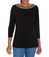 Ruby Rd. Solid Embellished Boat Neck 3/4 Sleeve Knit Top