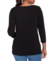 Ruby Rd. Solid Embellished Boat Neck 3/4 Sleeve Knit Top