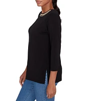 Ruby Rd. Solid Embellished Boat Neck 3/4 Sleeve Knit Top