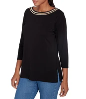 Ruby Rd. Solid Embellished Boat Neck 3/4 Sleeve Knit Top