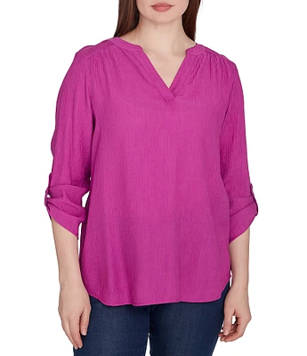 Ruby Rd. Solid Gauze Band Notch Neckline Roll-Tab Sleeve Top