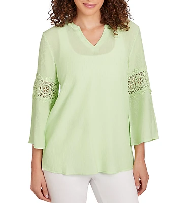 Ruby Rd. Solid Split V-Neck 3/4 Lace Inset Bell Sleeve Top