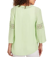 Ruby Rd. Solid Split V-Neck 3/4 Lace Inset Bell Sleeve Top