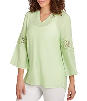 Ruby Rd. Solid Split V-Neck 3/4 Lace Inset Bell Sleeve Top