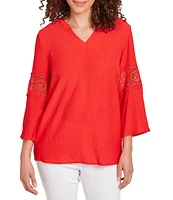 Ruby Rd. Solid Split V-Neck 3/4 Lace Inset Bell Sleeve Top