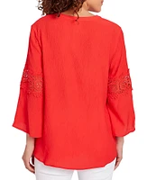 Ruby Rd. Solid Split V-Neck 3/4 Lace Inset Bell Sleeve Top