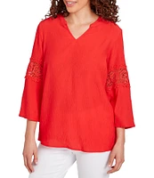 Ruby Rd. Solid Split V-Neck 3/4 Lace Inset Bell Sleeve Top