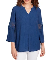 Ruby Rd. Solid Split V-Neck 3/4 Lace Inset Bell Sleeve Top