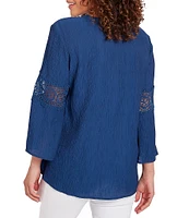 Ruby Rd. Solid Split V-Neck 3/4 Lace Inset Bell Sleeve Top