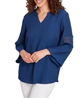 Ruby Rd. Solid Split V-Neck 3/4 Lace Inset Bell Sleeve Top