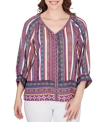 Ruby Rd. Southwest Stripe Border Print Metallic Detail Braid Trim V-Neck 3/4 Balloon Sleeve Top