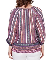 Ruby Rd. Southwest Stripe Border Print Metallic Detail Braid Trim V-Neck 3/4 Balloon Sleeve Top