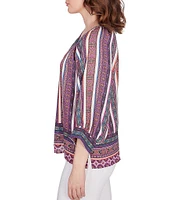 Ruby Rd. Southwest Stripe Border Print Metallic Detail Braid Trim V-Neck 3/4 Balloon Sleeve Top