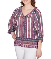 Ruby Rd. Southwest Stripe Border Print Metallic Detail Braid Trim V-Neck 3/4 Balloon Sleeve Top