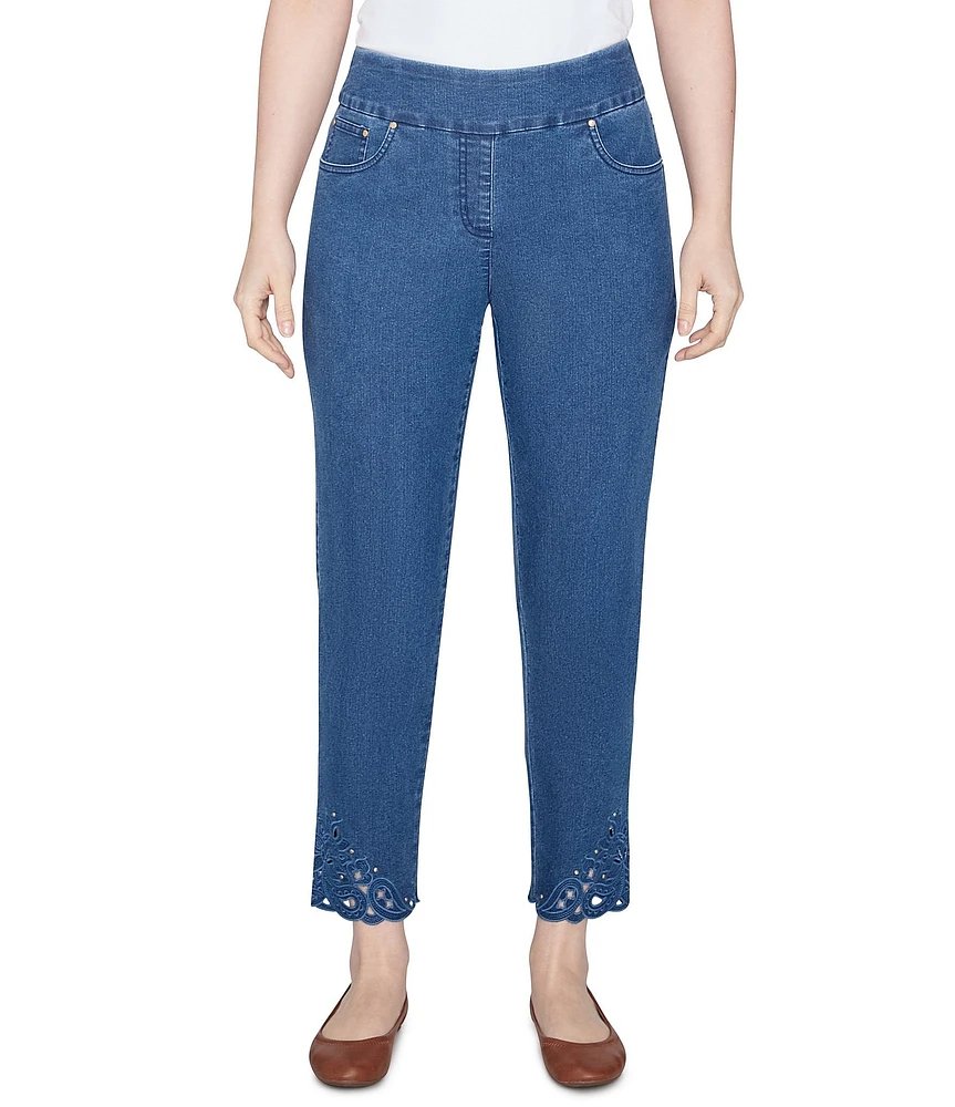 Ruby Rd. Straight Leg Embroidered Scalloped Eyelet Hem Denim Pull-On Pants