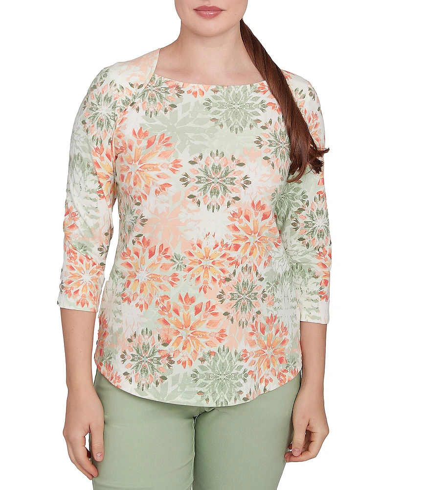 Ruby Rd.Stretch Cotton Jersey Floral Envelope Neck 3/4 Sleeve Top