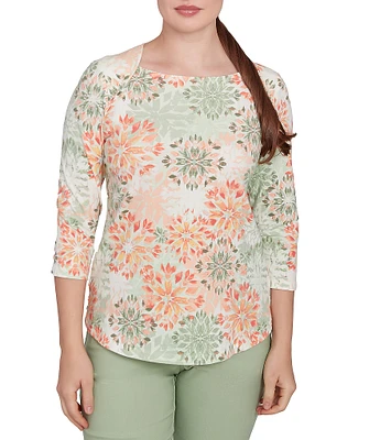 Ruby Rd.Stretch Cotton Jersey Floral Envelope Neck 3/4 Sleeve Top
