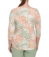 Ruby Rd.Stretch Cotton Jersey Floral Envelope Neck 3/4 Sleeve Top