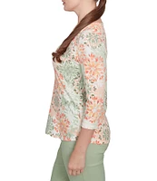 Ruby Rd.Stretch Cotton Jersey Floral Envelope Neck 3/4 Sleeve Top