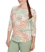 Ruby Rd.Stretch Cotton Jersey Floral Envelope Neck 3/4 Sleeve Top