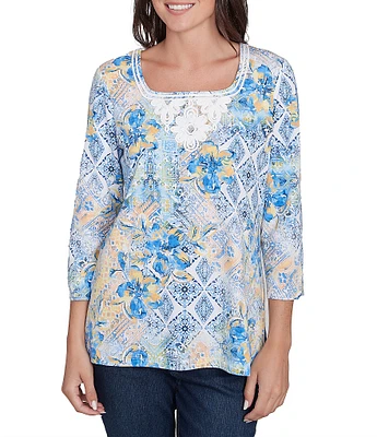 Ruby Rd. Stretch Knit Watercolor Mixed Print Square Neck 3/4 Sleeve Top