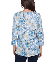 Ruby Rd. Stretch Knit Watercolor Mixed Print Square Neck 3/4 Sleeve Top