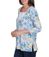 Ruby Rd. Stretch Knit Watercolor Mixed Print Square Neck 3/4 Sleeve Top