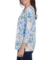 Ruby Rd. Stretch Knit Watercolor Mixed Print Square Neck 3/4 Sleeve Top