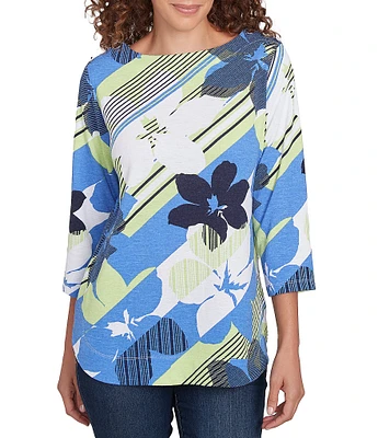 Ruby Rd. Stripe Floral Boat Neck 3/4 Sleeve Knit Top