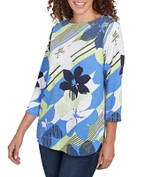 Ruby Rd. Stripe Floral Boat Neck 3/4 Sleeve Knit Top