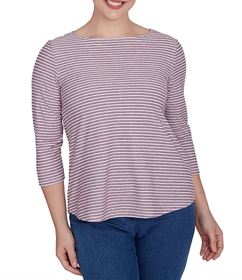 Ruby Rd. Stripe Print Knit Crew Neck 3/4 Sleeve Top