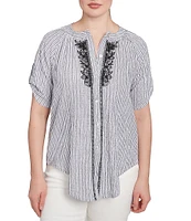 Ruby Rd. Super Soft Puckered Embroidered Stripe Short Roll-Tab Button Front Shirt