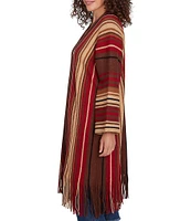 Ruby Rd. Sweater Knit Multi-Stripe Print Bracelet Sleeve Open-Front Fringed Hem Cardigan