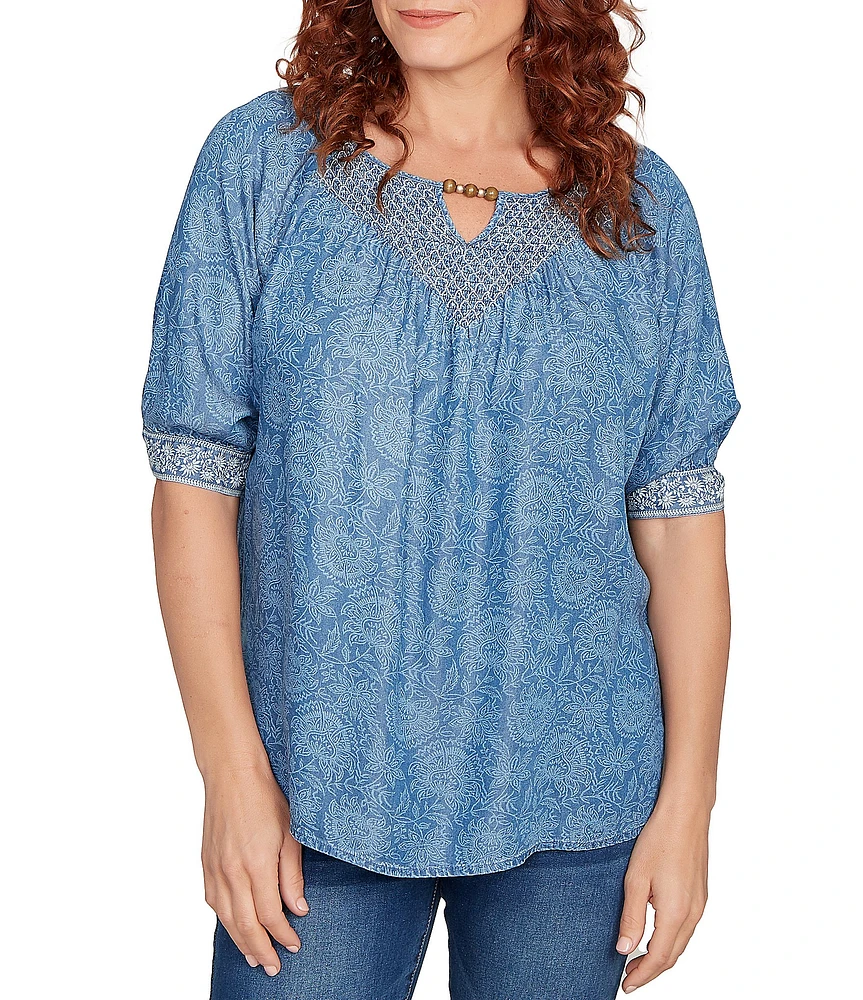 Ruby Rd. Tencel™ Embroidered Allover Printed Keyhole Neck Elbow Tie Sleeve Top