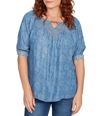 Ruby Rd. Tencel™ Embroidered Allover Printed Keyhole Neck Elbow Tie Sleeve Top