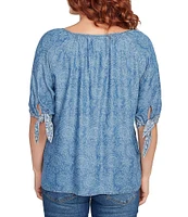 Ruby Rd. Tencel™ Embroidered Allover Printed Keyhole Neck Elbow Tie Sleeve Top