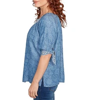 Ruby Rd. Tencel™ Embroidered Allover Printed Keyhole Neck Elbow Tie Sleeve Top