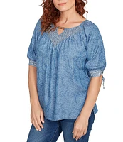 Ruby Rd. Tencel™ Embroidered Allover Printed Keyhole Neck Elbow Tie Sleeve Top