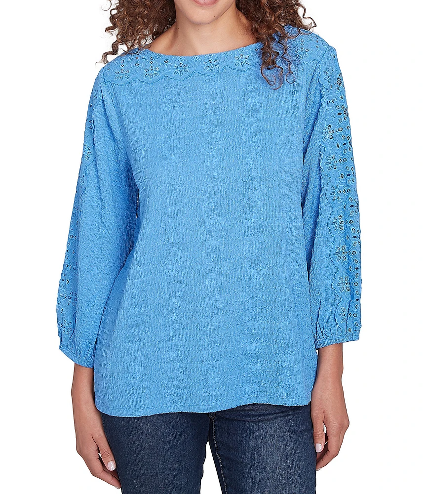 Ruby Rd. Textured Eyelet Trim Boat Neck Bracelet Length Sleeve Knit Top