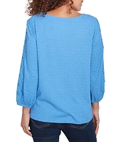 Ruby Rd. Textured Eyelet Trim Boat Neck Bracelet Length Sleeve Knit Top