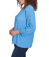 Ruby Rd. Textured Eyelet Trim Boat Neck Bracelet Length Sleeve Knit Top