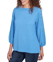 Ruby Rd. Textured Eyelet Trim Boat Neck Bracelet Length Sleeve Knit Top