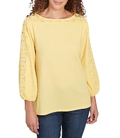 Ruby Rd. Textured Eyelet Trim Boat Neck Bracelet Length Sleeve Knit Top