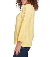 Ruby Rd. Textured Eyelet Trim Boat Neck Bracelet Length Sleeve Knit Top