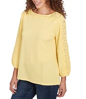 Ruby Rd. Textured Eyelet Trim Boat Neck Bracelet Length Sleeve Knit Top