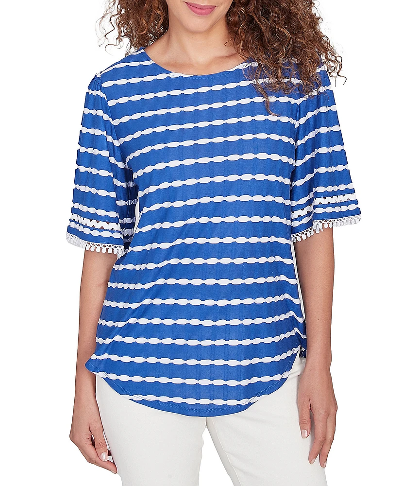 Ruby Rd. Textured Knit Stripe Scoop Neck Elbow Sleeve Shirttail Tee Top