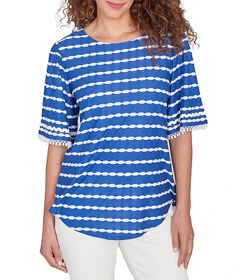 Ruby Rd. Textured Knit Stripe Scoop Neck Elbow Sleeve Shirttail Tee Top